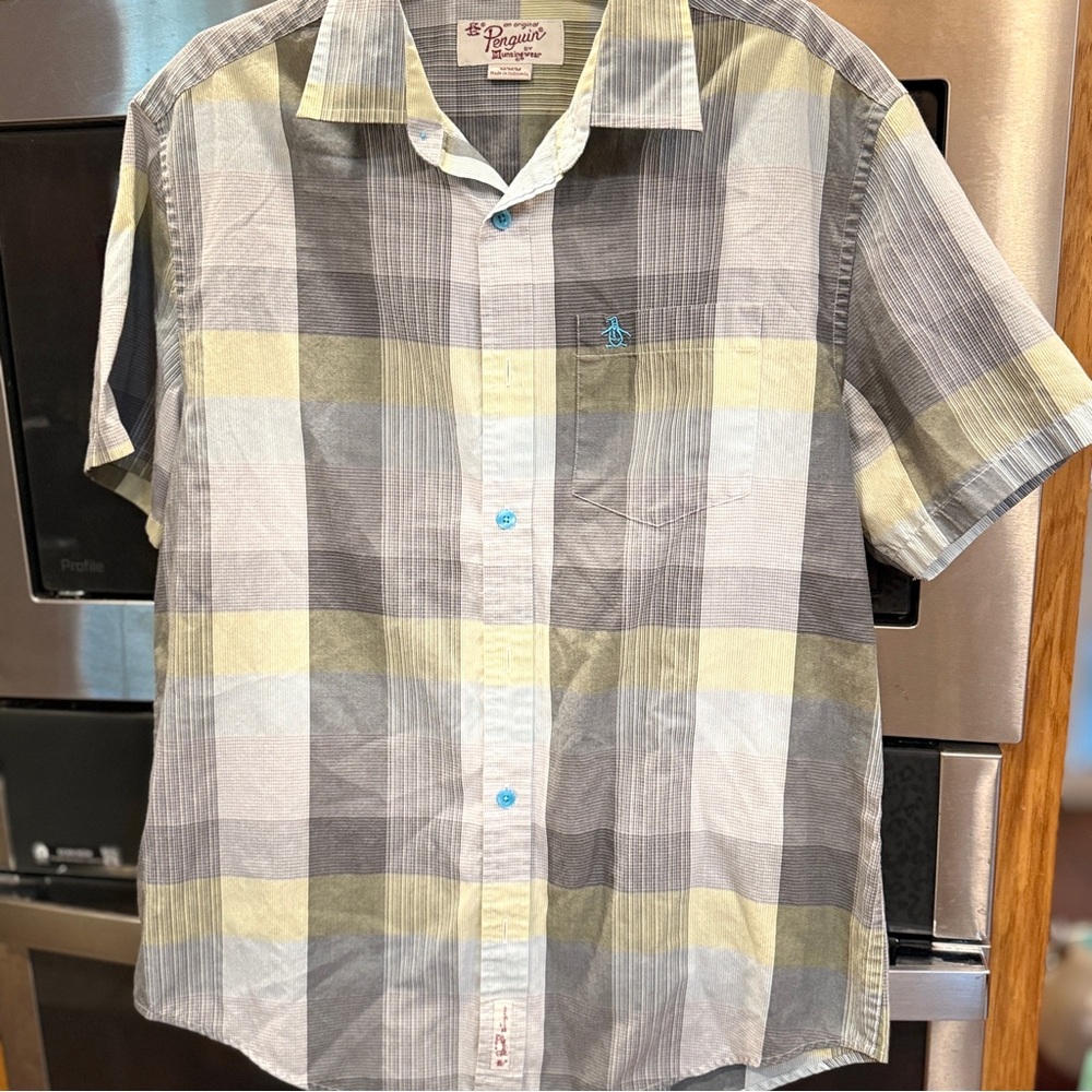 Original Penguin Men's Plaid Short Sleeve Shirt - Gray and Yellow‎ Sz Medium